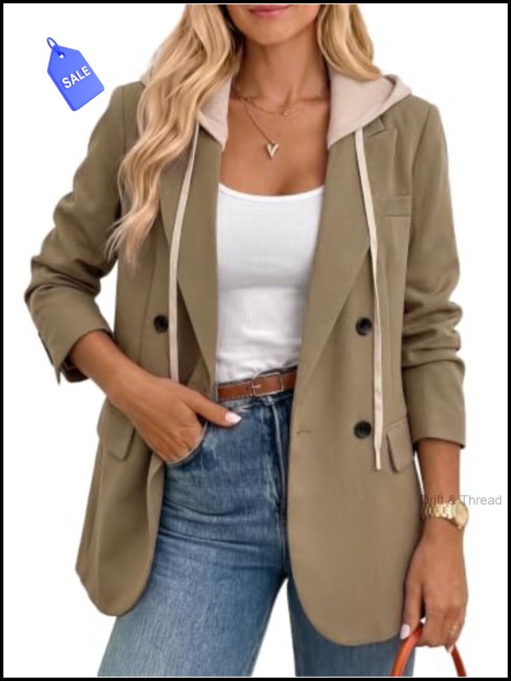 Women's Oversized Double Breasted Hooded Tweed Plaid Blazer Jacket Business